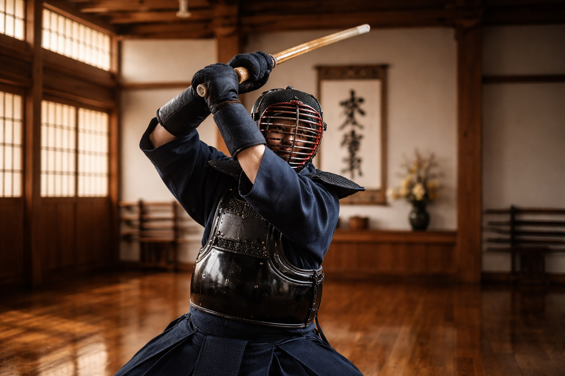 Pratiquant d arts martiaux japonais au katana en dojo