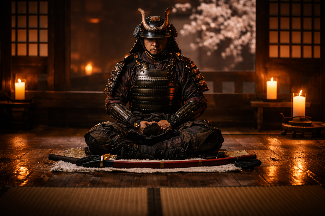 Samourai en meditation seiza illustrant le bushido