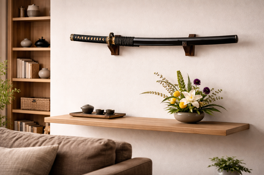 Katana expose sur support mural dans une piece