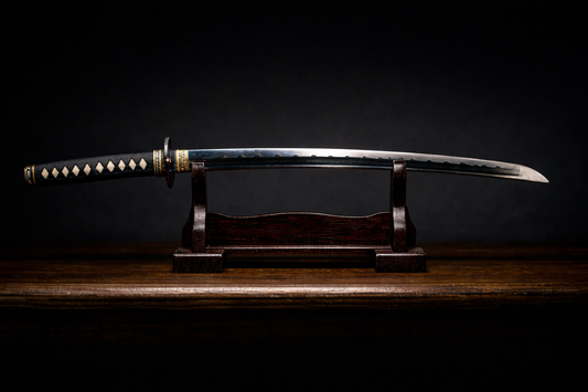 Katana japonais authentique sur katanakake en bois sombre