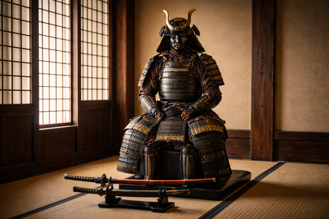 Samourai en armure avec katana durant le Japon feodal