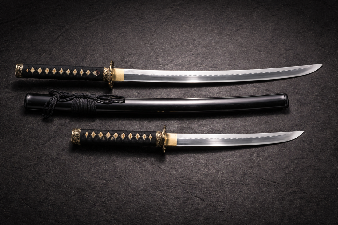 Comparaison taille katana et wakizashi cote a cote