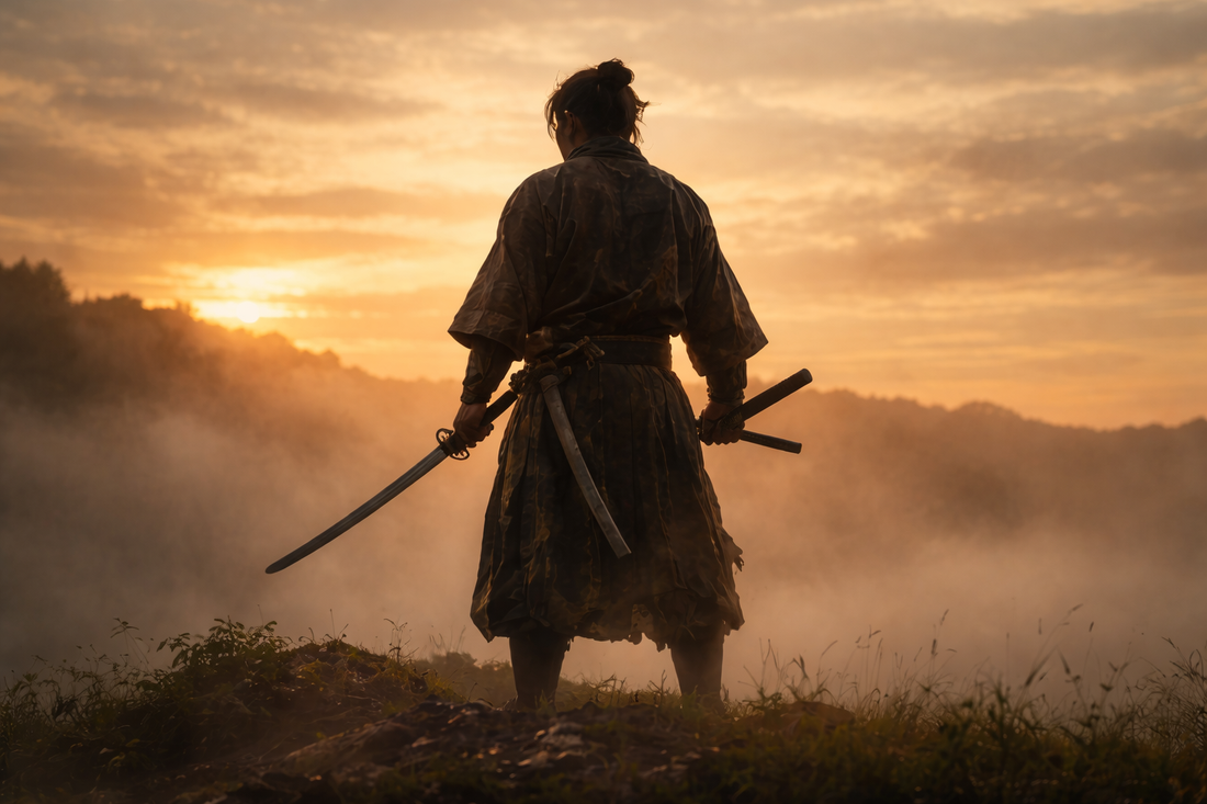 Miyamoto Musashi en posture de combat avec deux sabres