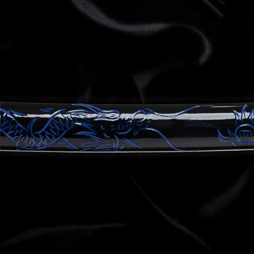 Katana Dragon Bleu – Acier T10 - vue d'ensemble sur fond noir