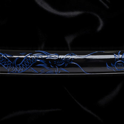Katana Dragon Bleu – Acier T10 - vue d'ensemble sur fond noir
