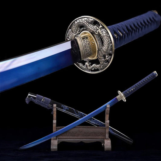 Katana Dragon Bleu – Acier T10 - vue complète avec fourreau