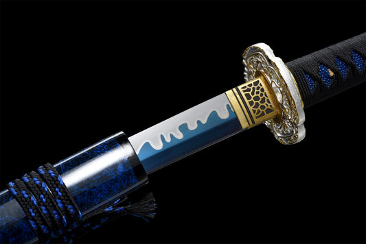 Wakizashi Ocean en acier T10 Bleu forgé à la main avec fourreau
